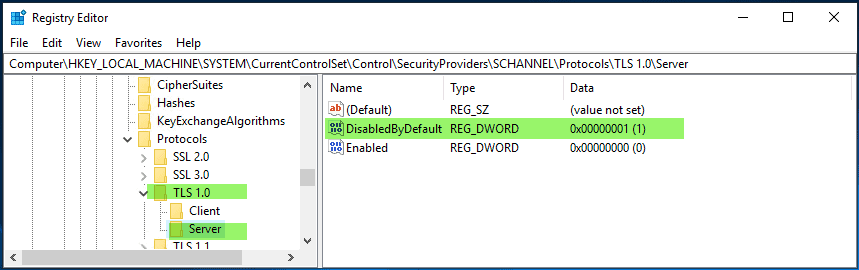 Disable TLS 1.0 Server disabledbydefault