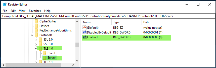 Disable TLS 1.0 Server