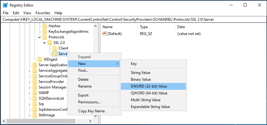 disable sslv each client or server create the following DWORD values