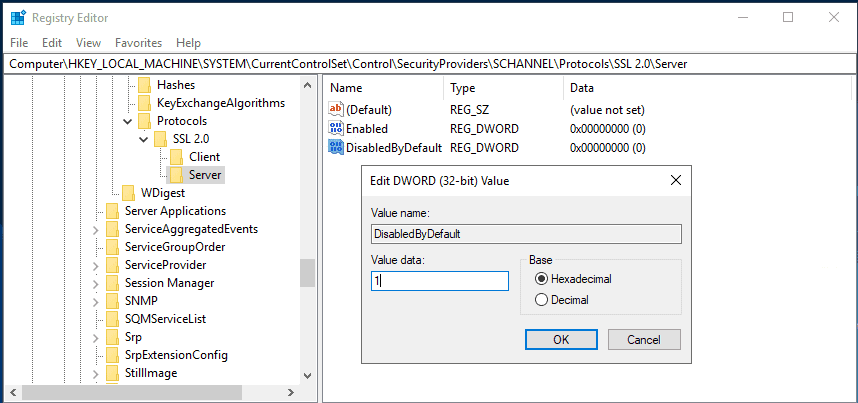 disable sslv2 disabledbydefault value 1 in data